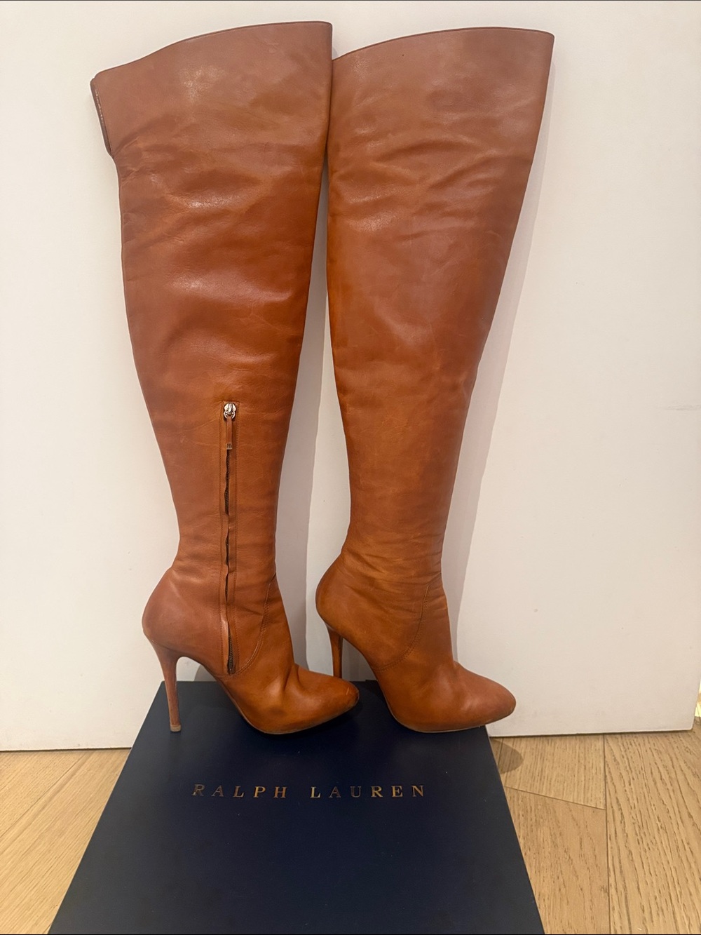 Ralph Lauren Tall Leather Over-the-Knee Boots in Cognac